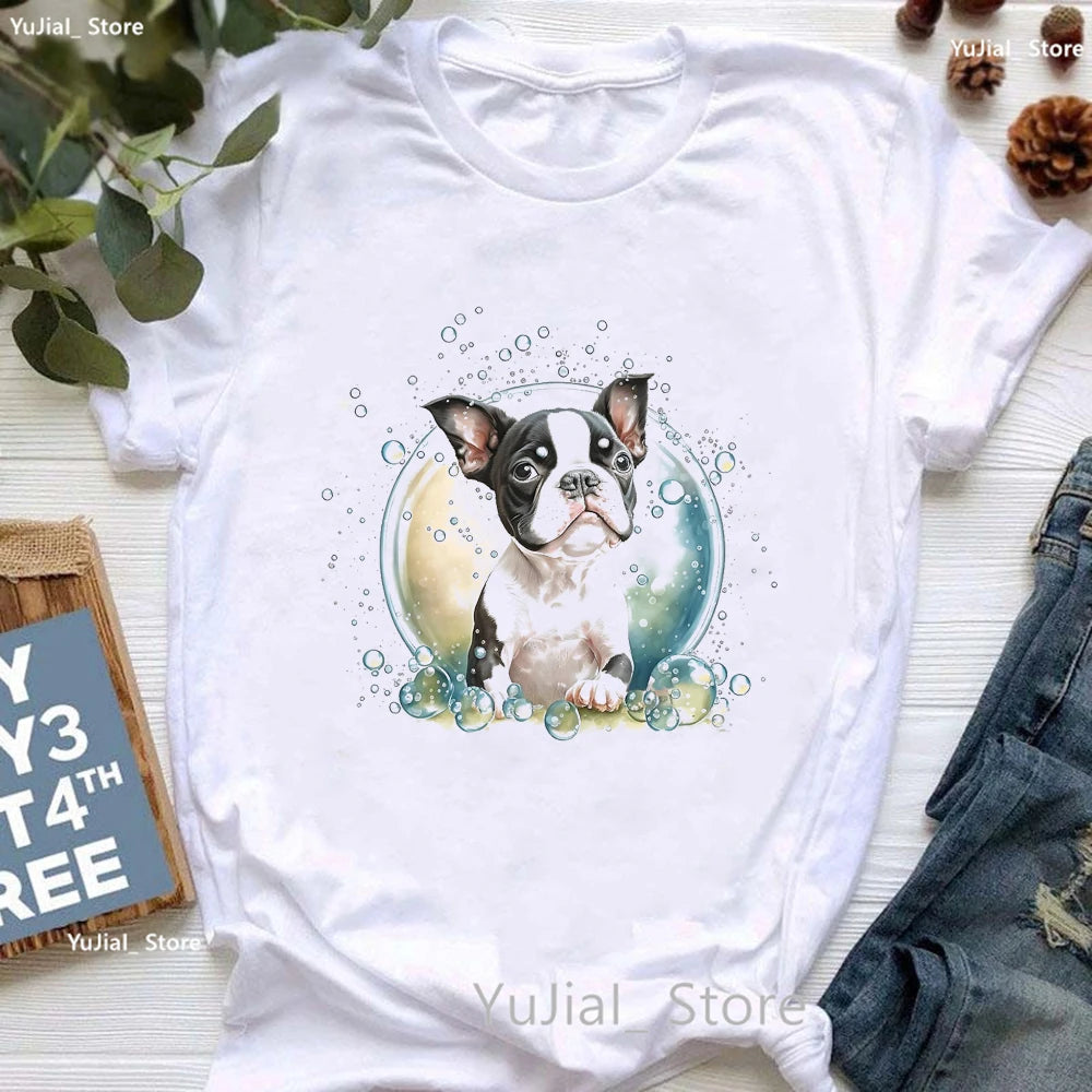 Boston Terrier Sugar Skull Animal Print T Shirt Girls Watercolor Dog Lover Tshirt Women Summer Fashion Tops Tee Shirt Femme