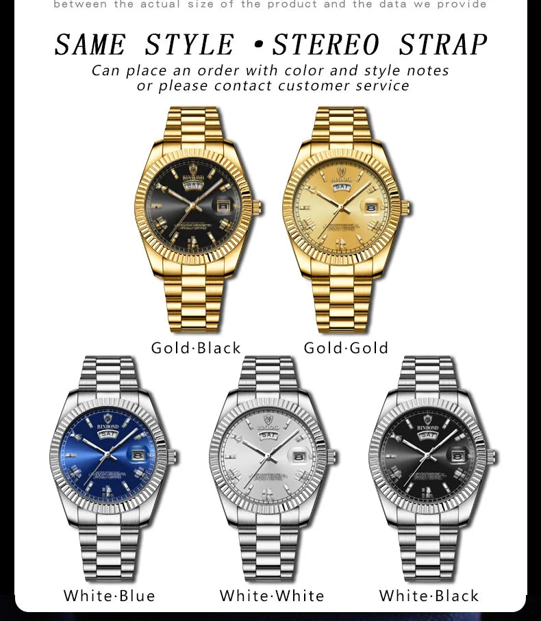 BINBOND Mens Quartz Watch Top Brand Sports Quartz Mens Watches Stainless Steel Waterproof Date Week Wristwatch Men Relogio