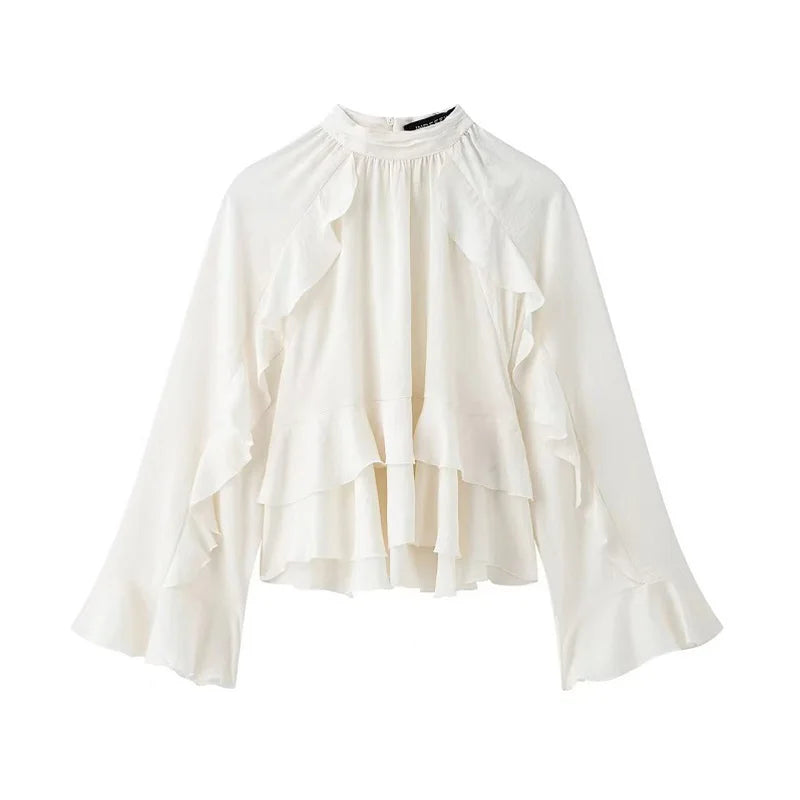 HXAO Woman Blouses Cropped Ruffle Blouse Long Sleeve Top Ruched Summer Plain Shirts Layered Beautiful Women's Blouses 088