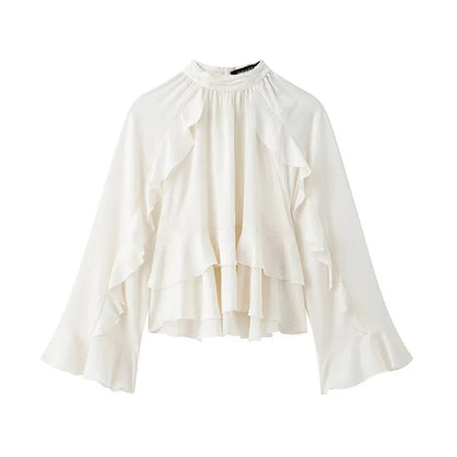 HXAO Woman Blouses Cropped Ruffle Blouse Long Sleeve Top Ruched Summer Plain Shirts Layered Beautiful Women's Blouses 088