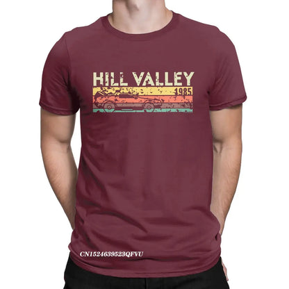 Hill Valley 1985 Tee Shirt Men Back To The Future Tops T Shirts Doc Brown Marty Delorean Time Travel Movie BTTF Tees Plus Size