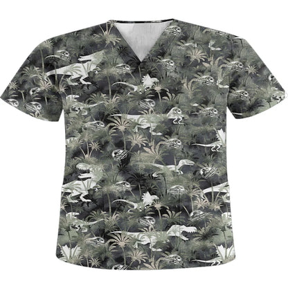 Unisex summer top scrub retro printed work clothes ophthalmology children's center v-neck top pocket t-shirt nurse uniform