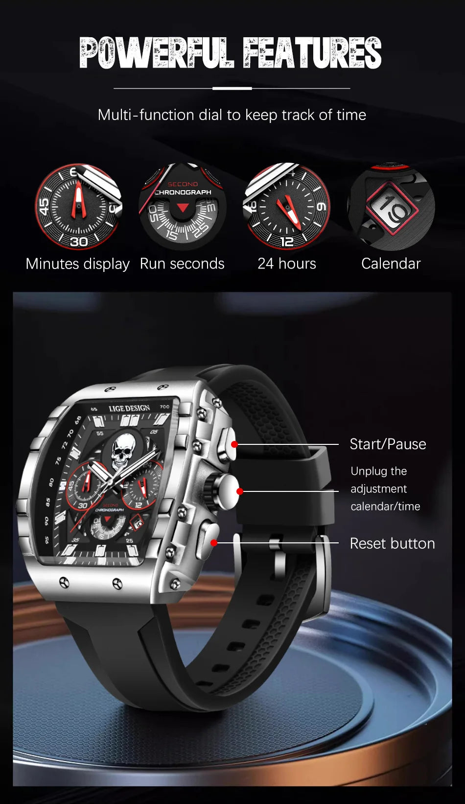 LIGE Men Watch Fashion Business Silicone Waterproof Watches for Men Military Sport Square Quartz Chronograph Relogios Masculino