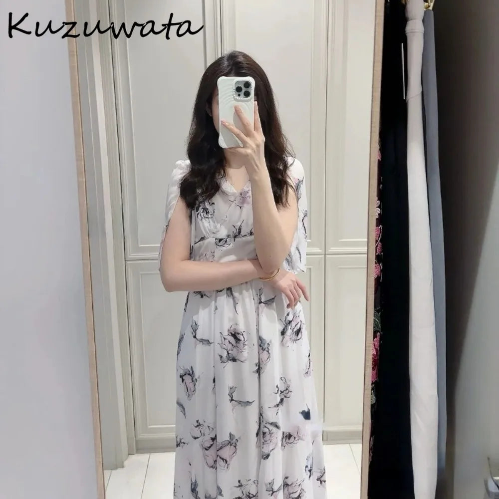 Kuzuwata Elegant V Neck Raglan Sleeve Rose Print Robe Lace Up High Waist Ruched Casual Mujer Japan New Slim Fit Sweet Dresses