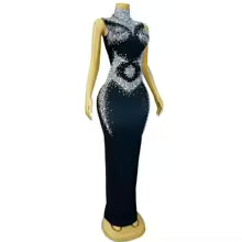 Women Sexy Stage Sparkly Rhinestones Sleeveless Dress Elegant Birthday Celebrate Evening dress Important occasion party dress