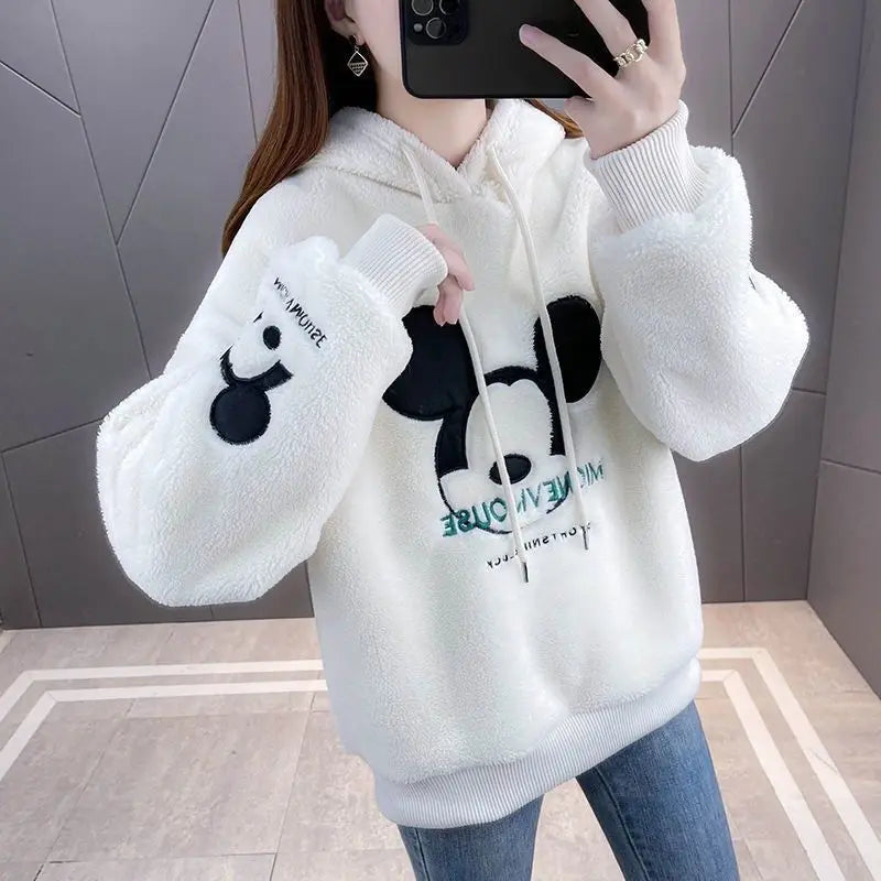 Korean popular clothes Cartoon Print Sweatshirt Thick PlushLining Hoodie Loose Korean Fashion All-match Oversized Kawaii Hoodies