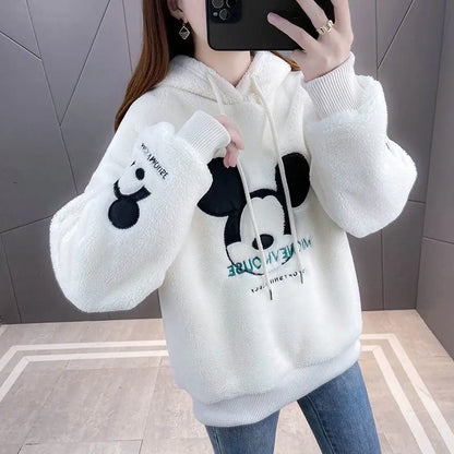 Korean popular clothes Cartoon Print Sweatshirt Thick PlushLining Hoodie Loose Korean Fashion All-match Oversized Kawaii Hoodies