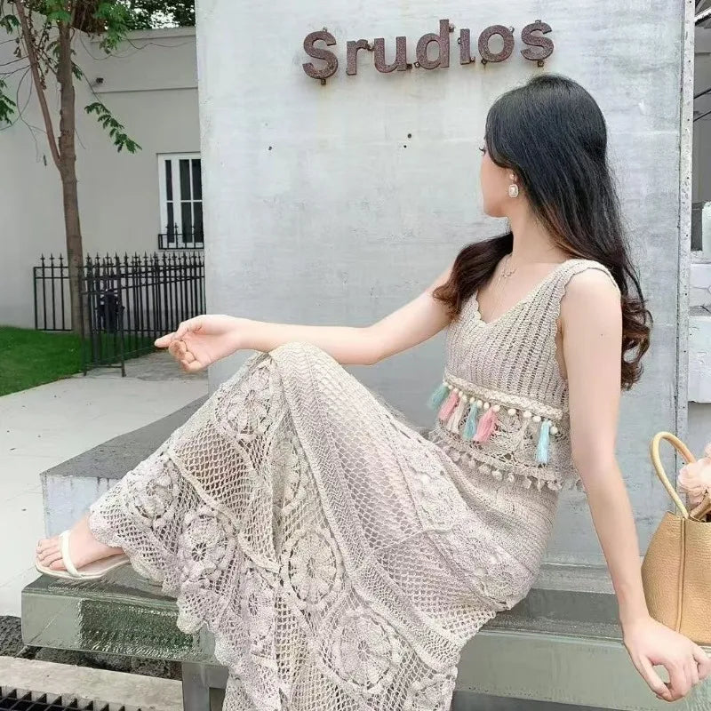 Bohemian Style Hollow Out Crochet Gentle Elastic Waist A-word Skirt 2025 New Lace High Waist Thin Hip-wrapped Skirt