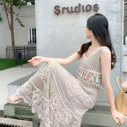 Bohemian Style Hollow Out Crochet Gentle Elastic Waist A-word Skirt 2025 New Lace High Waist Thin Hip-wrapped Skirt