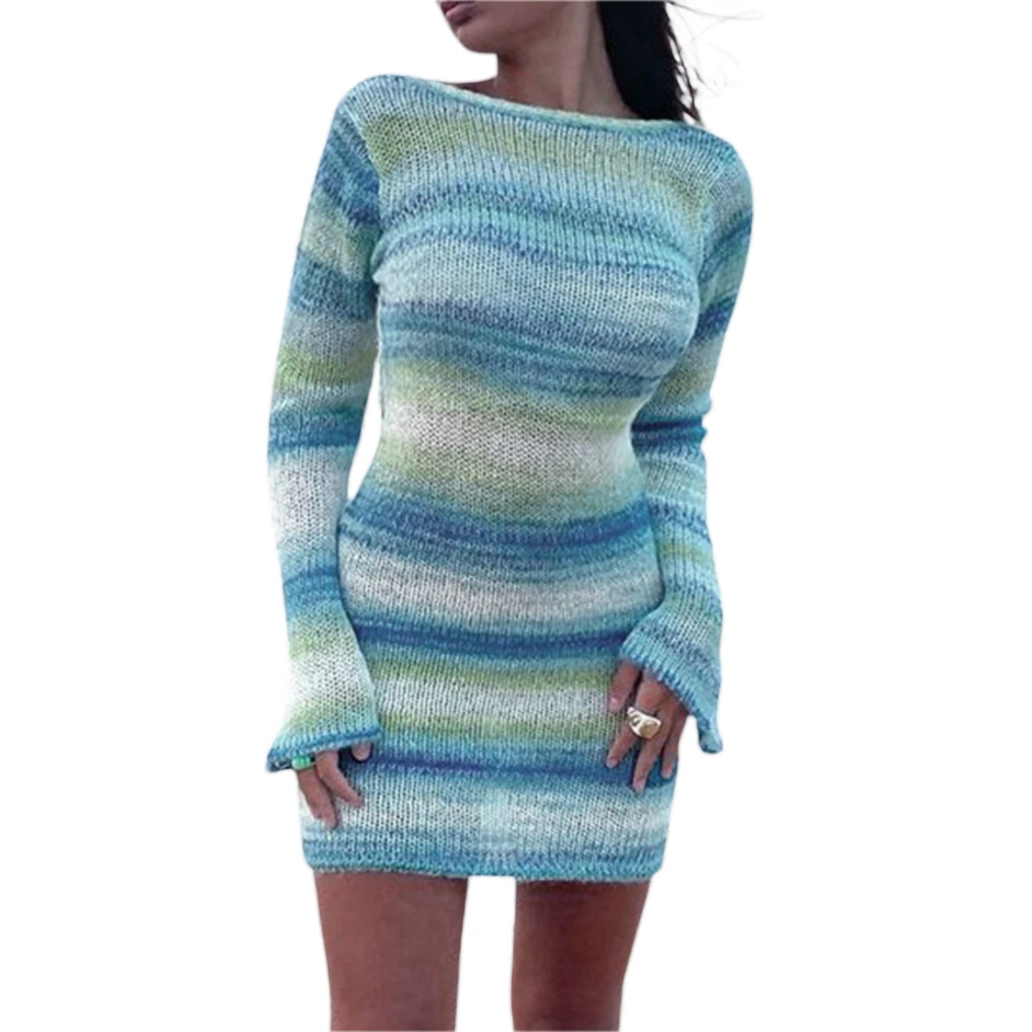 Elegants Dress For Women O-Neck Autumn Knitted Dress Collision sweater long sleeve round neck striped dress