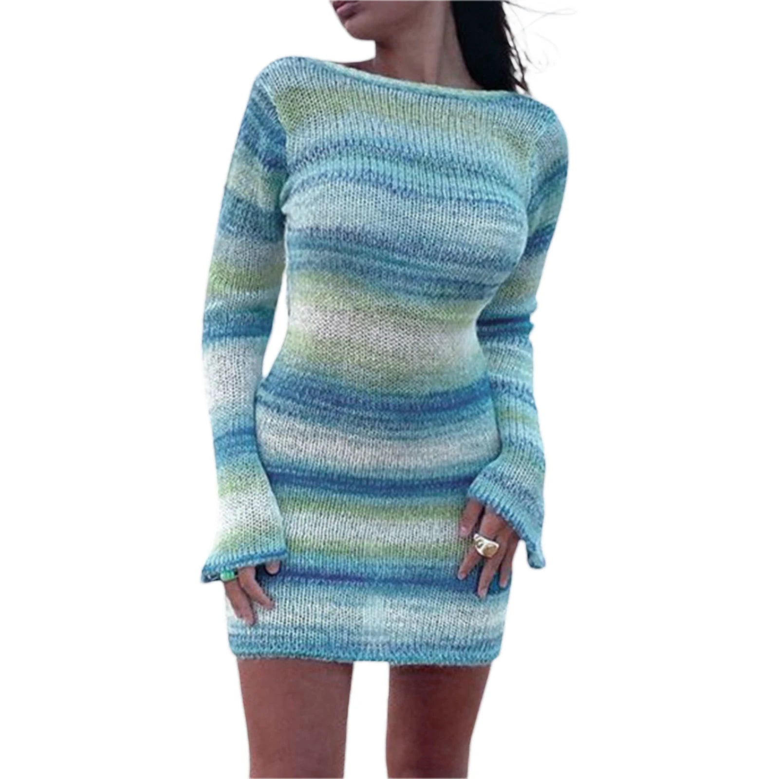Elegants Dress For Women O-Neck Autumn Knitted Dress Collision sweater long sleeve round neck striped dress