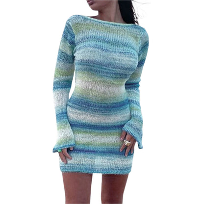 Elegants Dress For Women O-Neck Autumn Knitted Dress Collision sweater long sleeve round neck striped dress