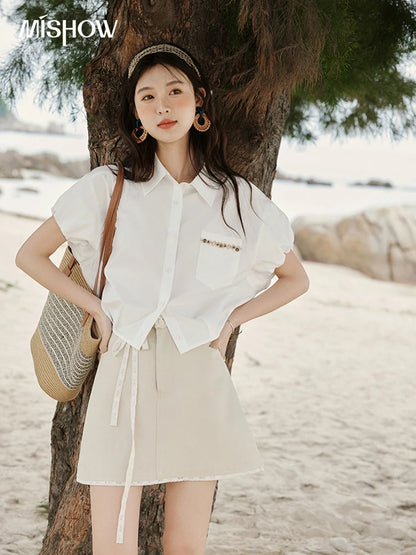 MISHOW Office Lady Summer Skirts Women New 2025 Solid Lace Belt High Waist A-line Hip Skirt Woman Fashion Slimming MXE32B0711