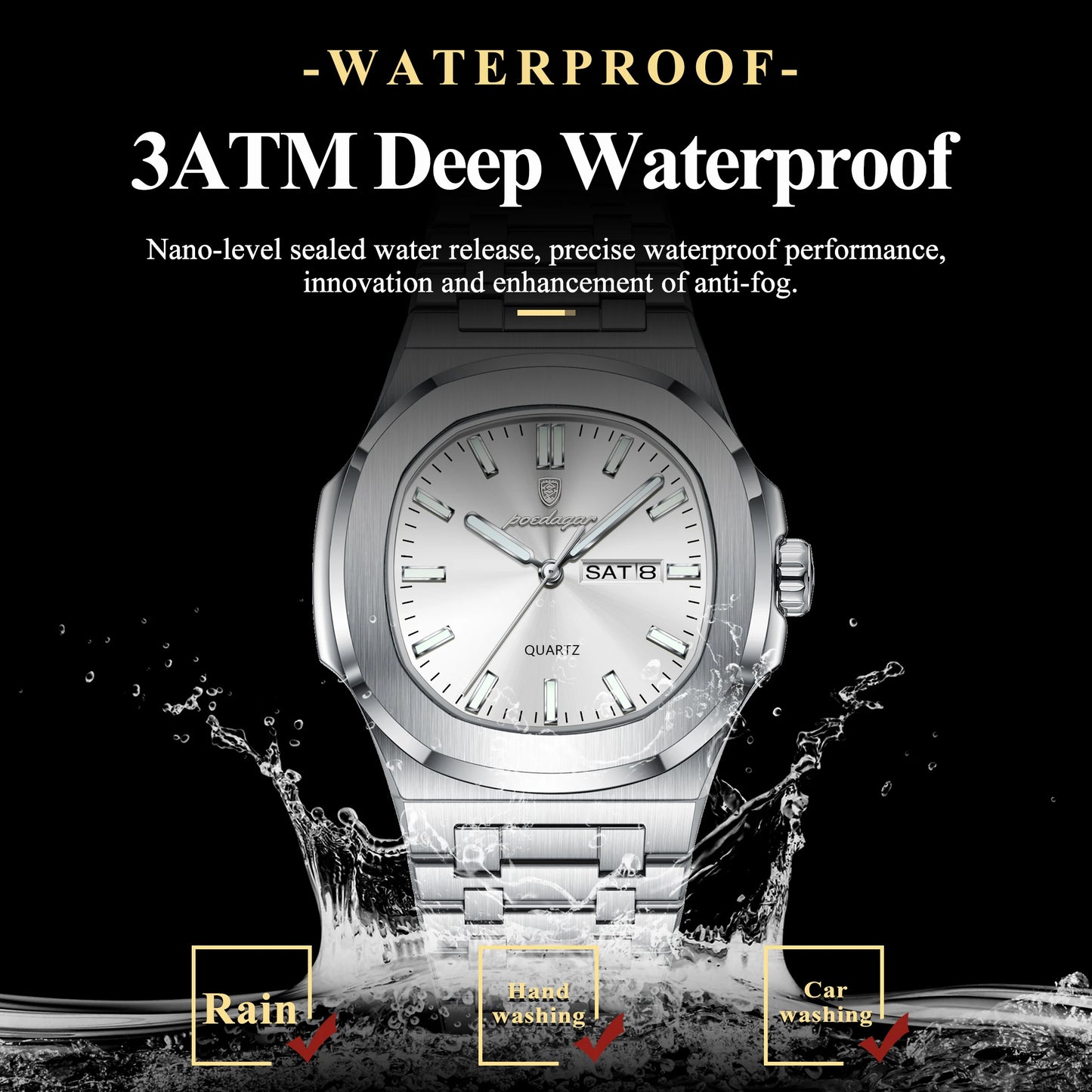 POEDAGAR Trendy Square Men's Watches Waterproof Luminous Date Week Man Clock Stainless Steel Exquisite Quartz Men Wristwatch+Box