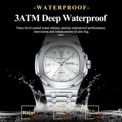 POEDAGAR Trendy Square Men's Watches Waterproof Luminous Date Week Man Clock Stainless Steel Exquisite Quartz Men Wristwatch+Box
