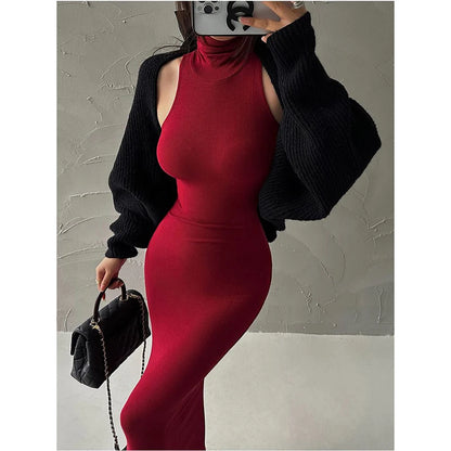 Y2K Red Skinny Sexy Turtleneck Midi Dress Women Evening Party Ladies Elastic Hip Wrap Elegant Bodycon Dresses