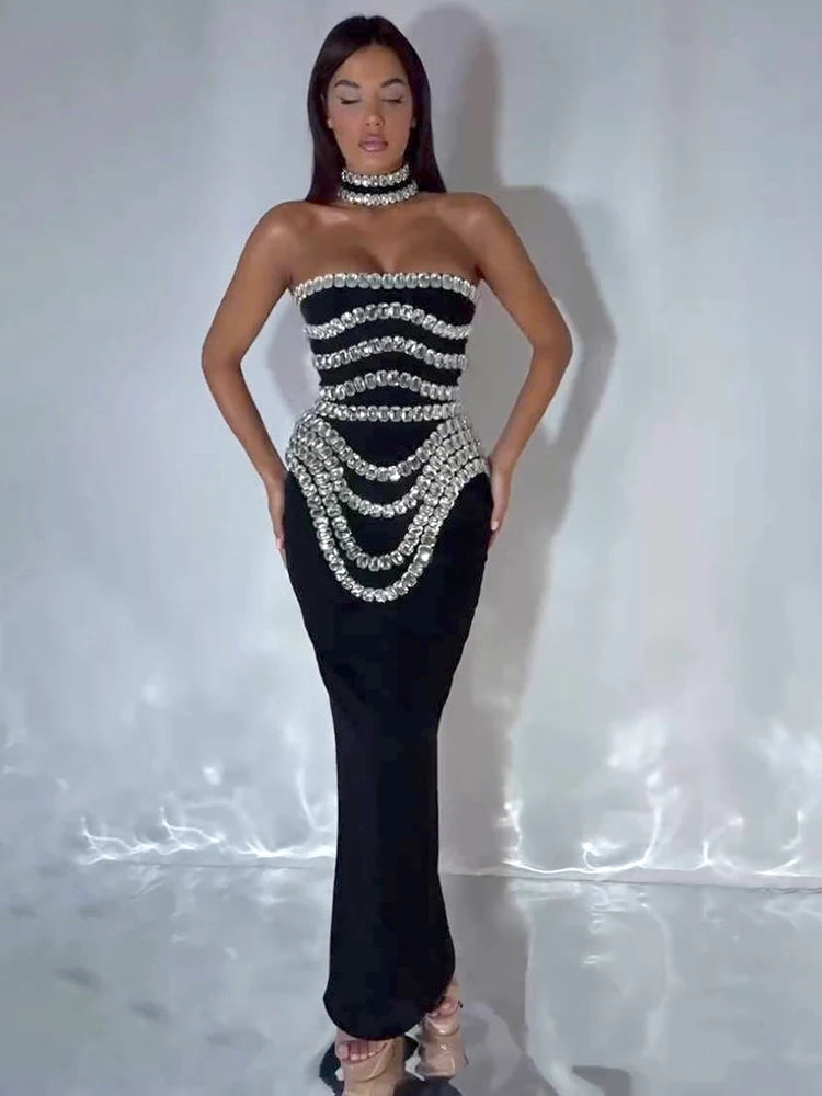 VC Black Strapless Long Dress Diamonds Embellished Bodycon Bandage Prom Celebrity Party Evening Gowns Dropshipping