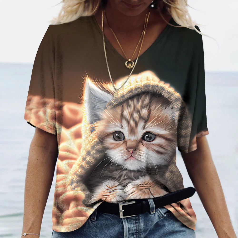 Fashion Women's T-shirt Cat Print Short Sleeve Clothes Female Harajuku Tees Ladies T Shirt Oversized Tops Animal Women Clothing