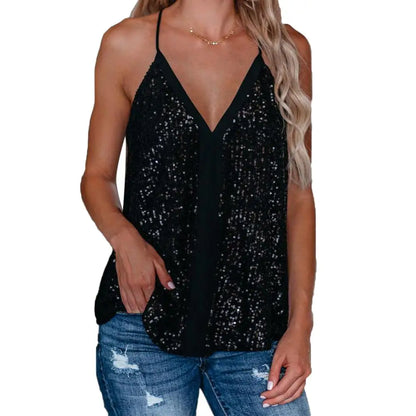 Sling Tank Top Women Sexy Sequins Loose Adjustable Straps Camisole Sleeveless Vest Silver Black Color