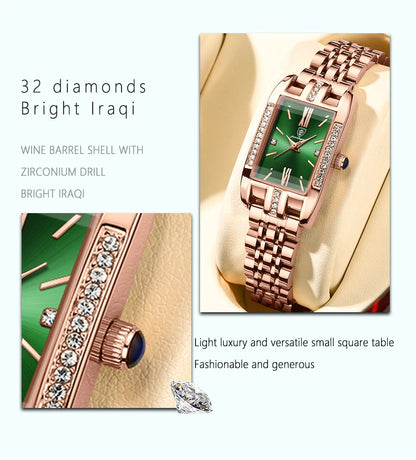 POEDAGAR Women Watch Fashion Luxury Diamond Green Dial Square Quartz Watches Stainless Steel Waterproof Ladies Wristwatch Gift