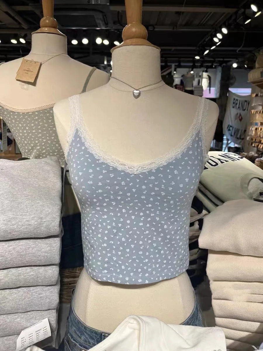 Retro Patchwork Ribbed Cotton Tops Women Summer Sweet Ruffle Square Collar Sleeveless Bow Camis Vintage Chic Slim Crop Top 2024