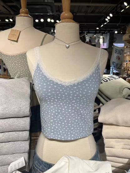 Retro Patchwork Ribbed Cotton Tops Women Summer Sweet Ruffle Square Collar Sleeveless Bow Camis Vintage Chic Slim Crop Top 2024