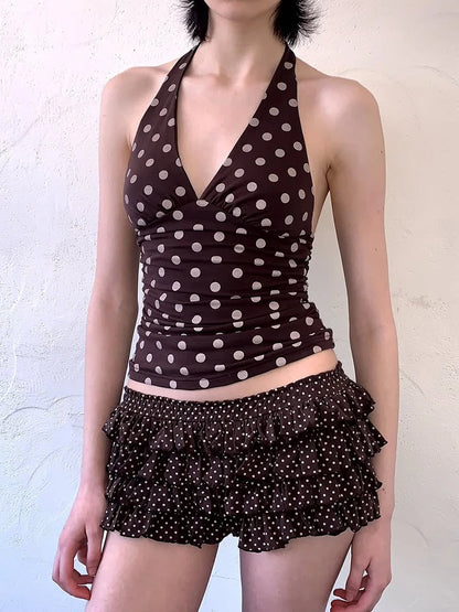 weird Puss Halter v-Neck Vest Women Y2K Lace-Up Backless Polka Dot Print  Skinny Summer Fashion Daily Street Basic Tank Tops