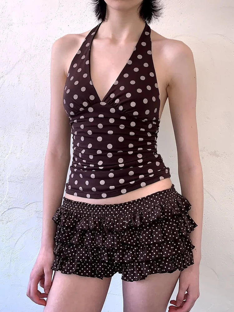 weird Puss Halter v-Neck Vest Women Y2K Lace-Up Backless Polka Dot Print  Skinny Summer Fashion Daily Street Basic Tank Tops