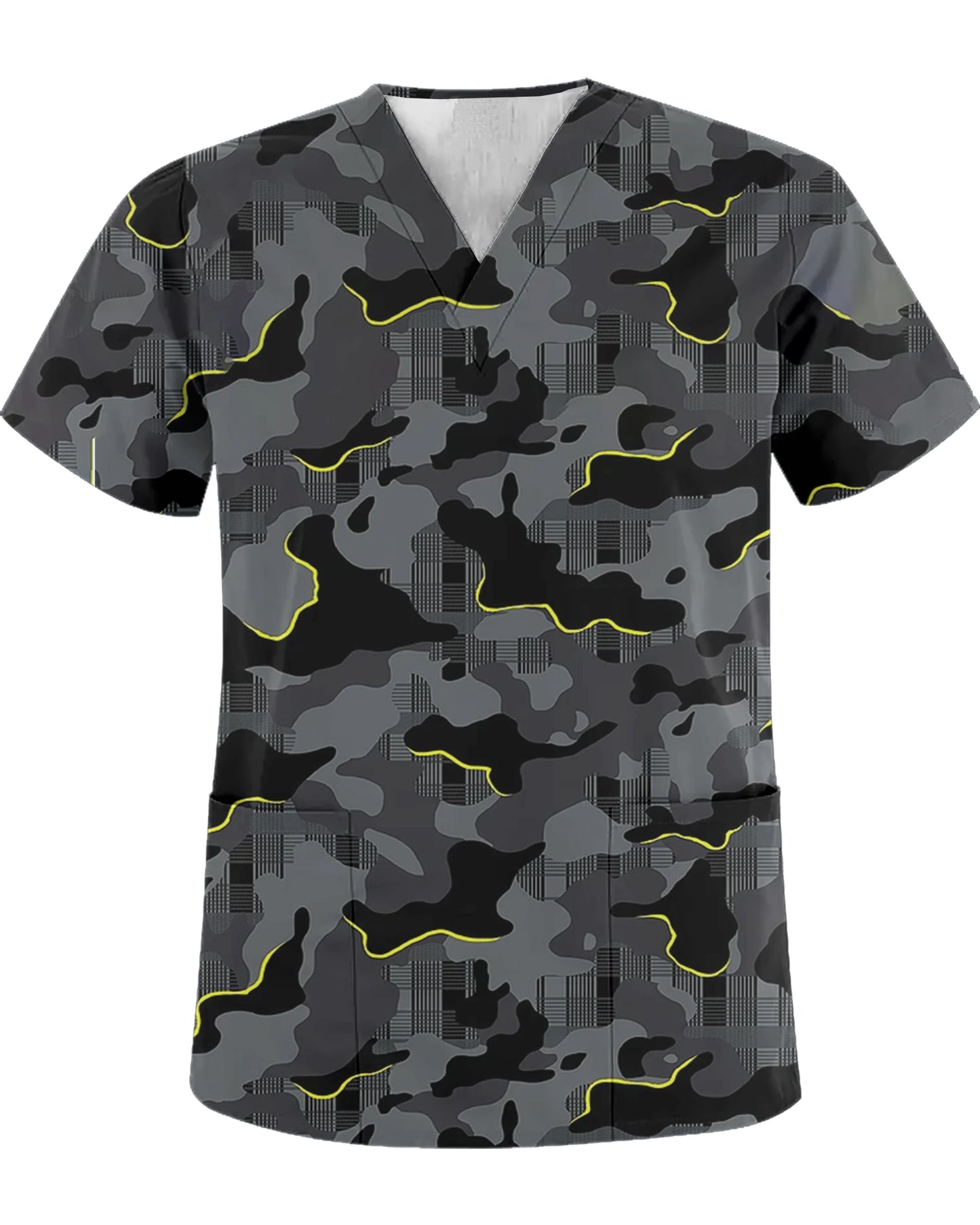 Unisex summer top scrub retro printed work clothes ophthalmology children's center v-neck top pocket t-shirt nurse uniform