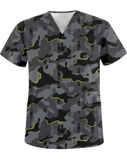 Unisex summer top scrub retro printed work clothes ophthalmology children's center v-neck top pocket t-shirt nurse uniform