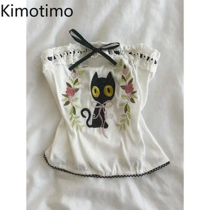 Kimotimo Sweet Bow Cat Embroidery Strapless Vest Women 2025 Summer Chic Slim Fit Short Tank Top Y2k Fashion Outwear Ropa Mujer