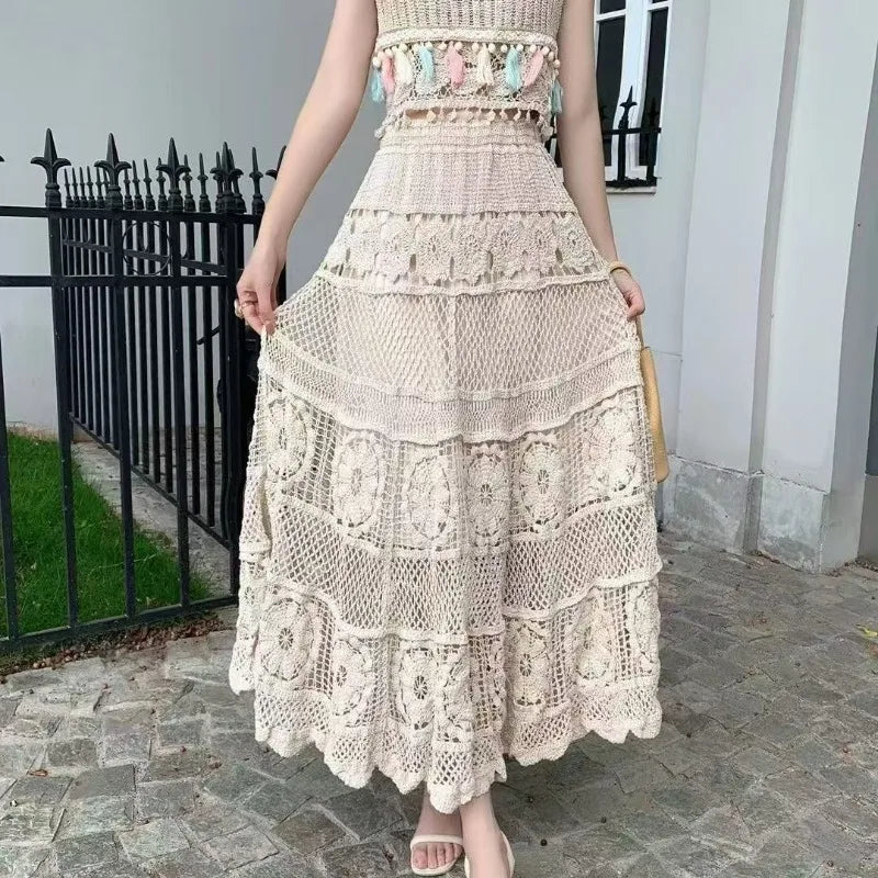 Bohemian Style Hollow Out Crochet Gentle Elastic Waist A-word Skirt 2025 New Lace High Waist Thin Hip-wrapped Skirt