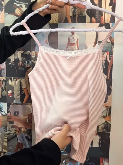 Retro Patchwork Ribbed Cotton Tops Women Summer Sweet Ruffle Square Collar Sleeveless Bow Camis Vintage Chic Slim Crop Top 2024