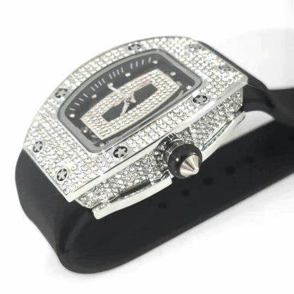 2024 Hot Fashion Diamond Watch For Women Elegant Iced Jewelry Watches Girl Sport Rubber Strap Tonneau Wristwatch Ladies Gift