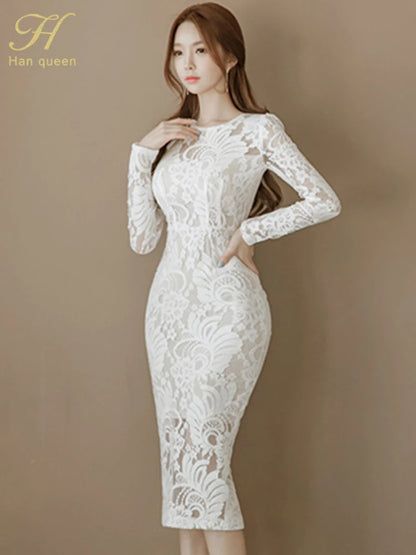 Han Queen New Lace Pencil Dress Women Hollow Out Sheath Bodycon Dresses Elegant White Mid-Calf Slim OL Work Party Vestidos
