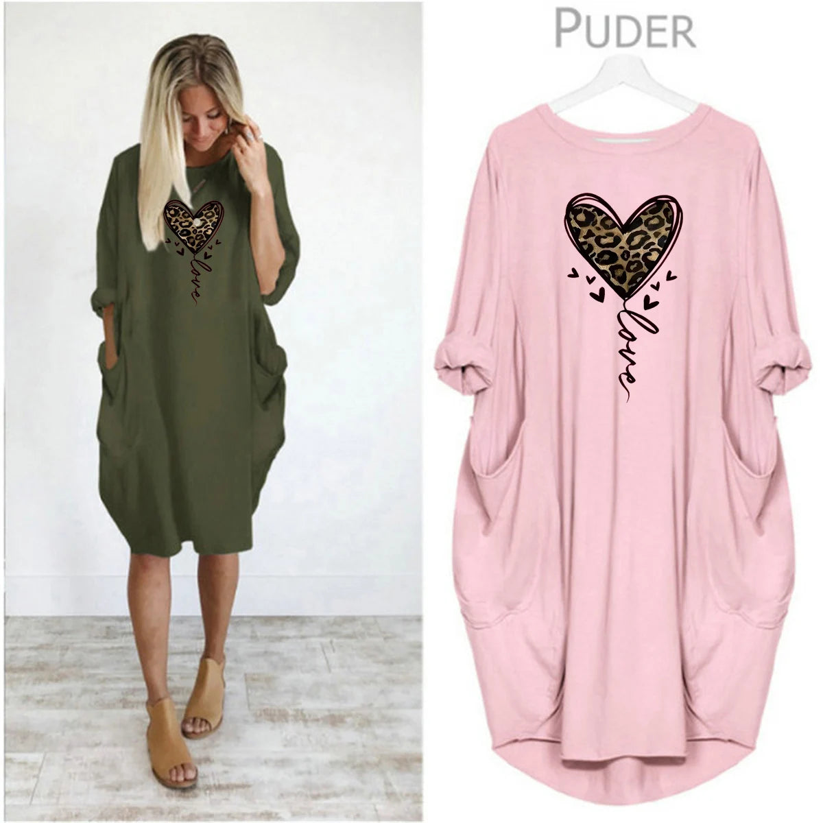 Women's spring and summer leopard print heart-shaped print casual and fashionable loose plus size long sleeved pocket dress