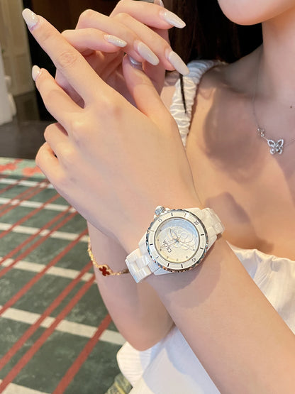 Camellia watch 2025 new women's white ceramic light luxury women's small fragrance style women's watch