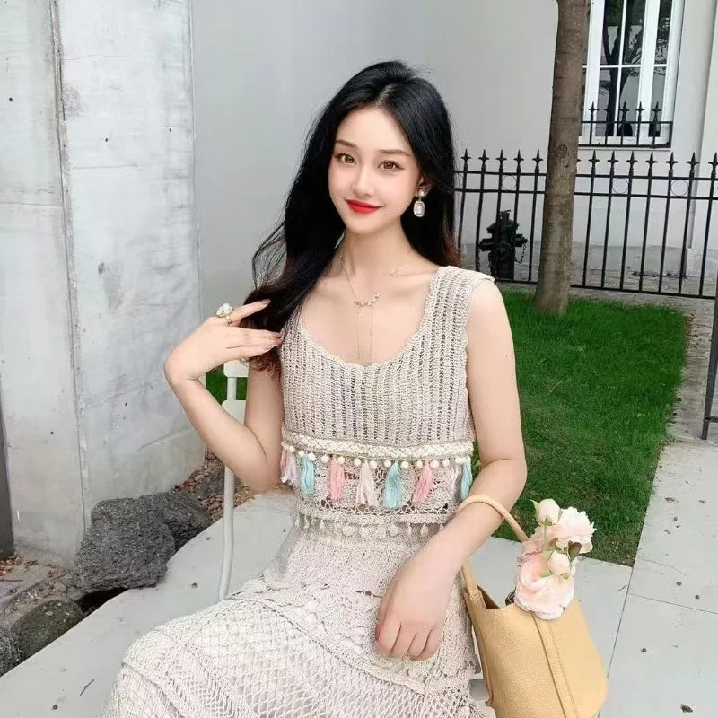 Bohemian Style Hollow Out Crochet Gentle Elastic Waist A-word Skirt 2025 New Lace High Waist Thin Hip-wrapped Skirt