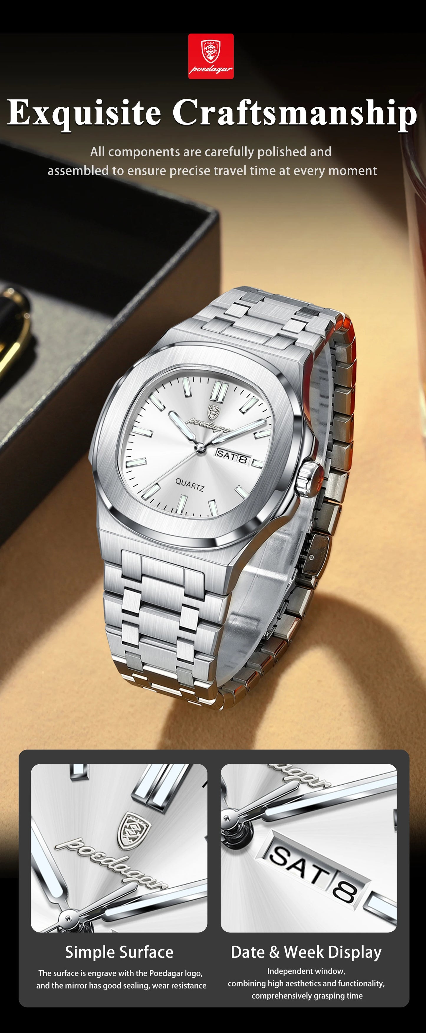 POEDAGAR Trendy Square Men's Watches Waterproof Luminous Date Week Man Clock Stainless Steel Exquisite Quartz Men Wristwatch+Box