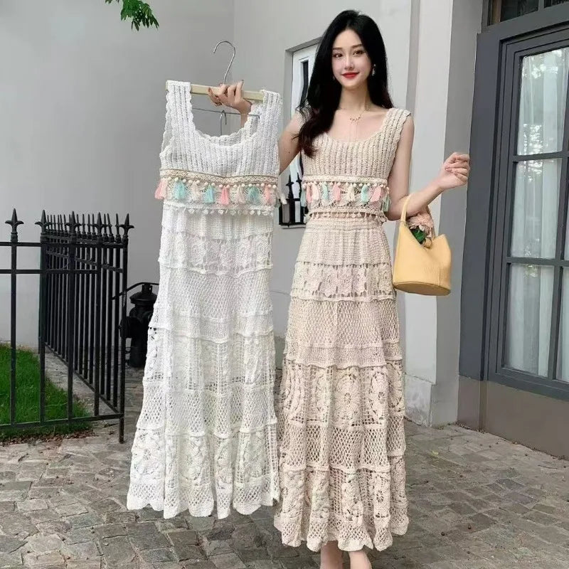 Bohemian Style Hollow Out Crochet Gentle Elastic Waist A-word Skirt 2025 New Lace High Waist Thin Hip-wrapped Skirt