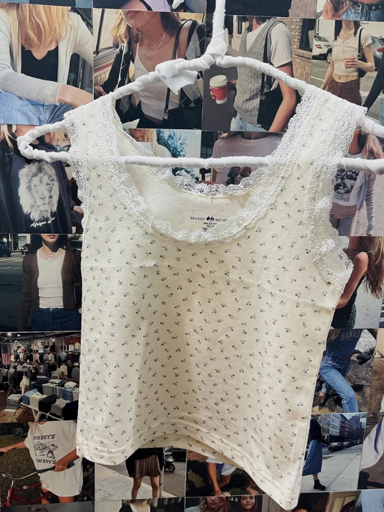 Retro Patchwork Ribbed Cotton Tops Women Summer Sweet Ruffle Square Collar Sleeveless Bow Camis Vintage Chic Slim Crop Top 2024