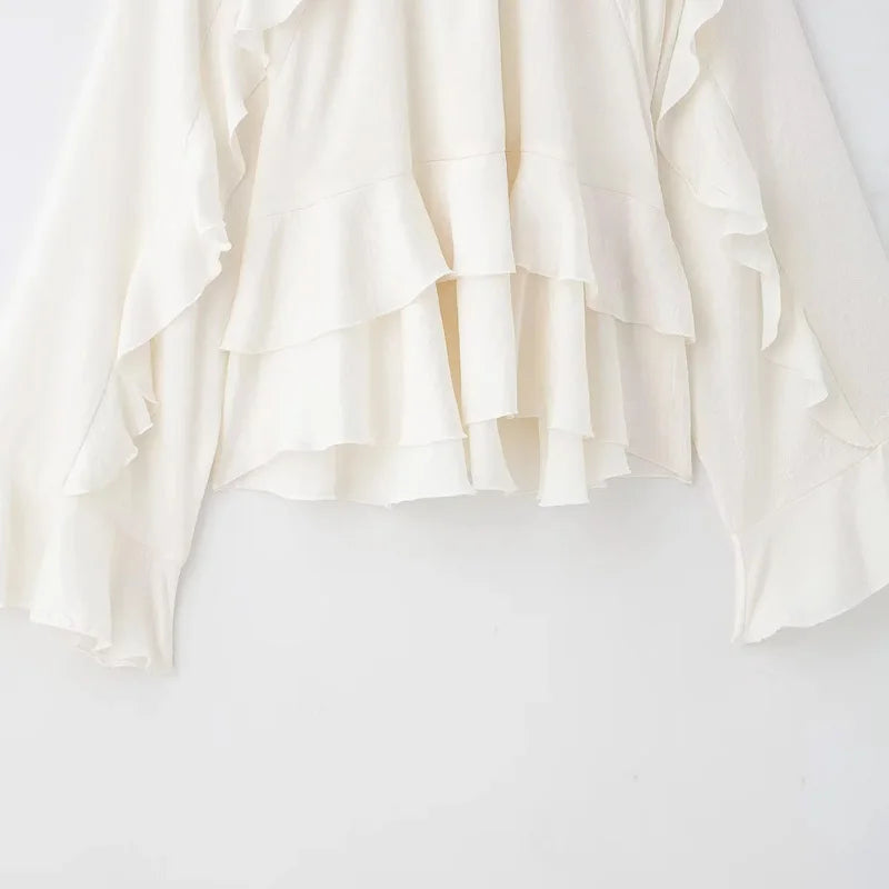 HXAO Woman Blouses Cropped Ruffle Blouse Long Sleeve Top Ruched Summer Plain Shirts Layered Beautiful Women's Blouses 088