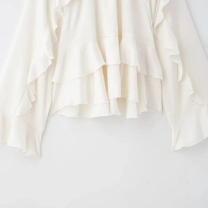 HXAO Woman Blouses Cropped Ruffle Blouse Long Sleeve Top Ruched Summer Plain Shirts Layered Beautiful Women's Blouses 088