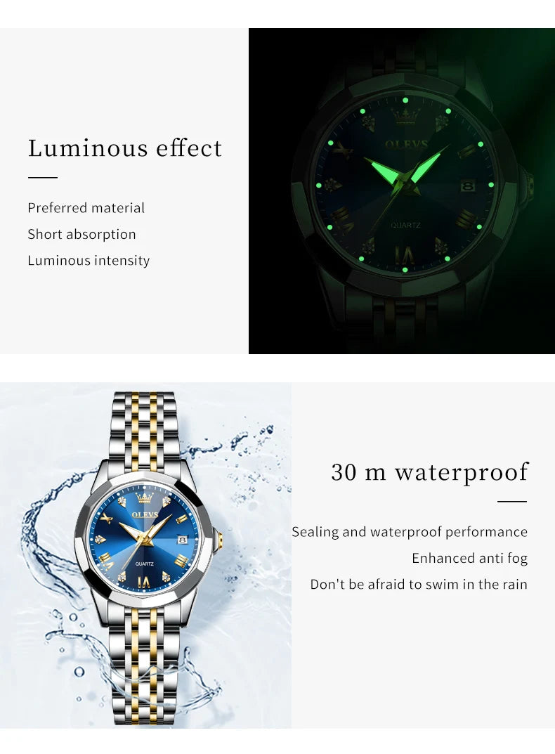 OLEVS Fashion Luxury Golden Watch For Women Stainless Steel Wristwatch Elegant Rhombus Quartz Waterproof Women's Watches Reloj