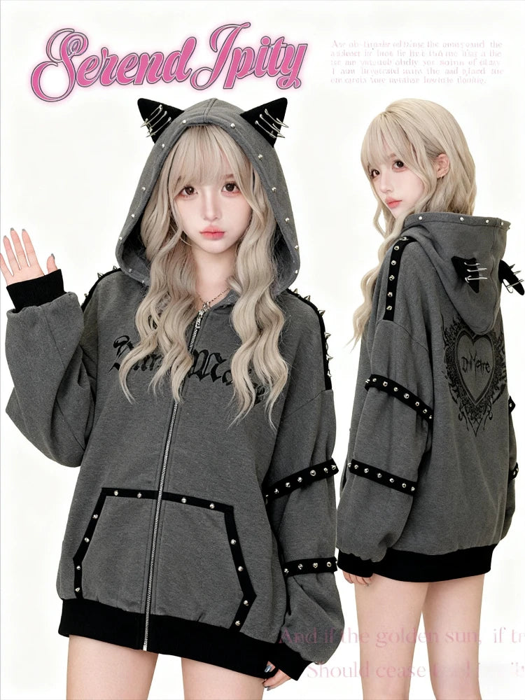 Vintage Kawaii Long Sleeve Loose Coat with Hooded Women Japanese Cute Zipper Sweatshirts Female Casual Y2k Jacket Overcoat Chic