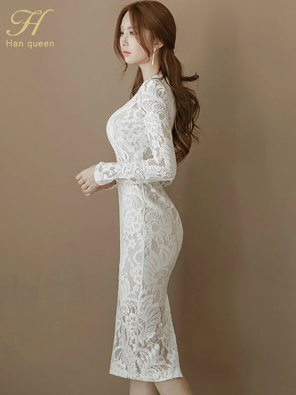 Han Queen New Lace Pencil Dress Women Hollow Out Sheath Bodycon Dresses Elegant White Mid-Calf Slim OL Work Party Vestidos