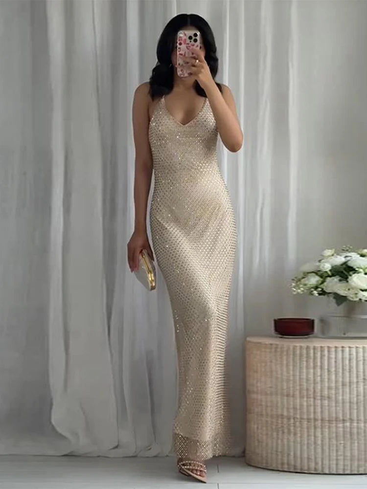 Fashion Rhinestone Party Dresses Chic Female Sleeveless Glitter Backless Hip Package Dress 2025 New Crystal Women Evening Robe