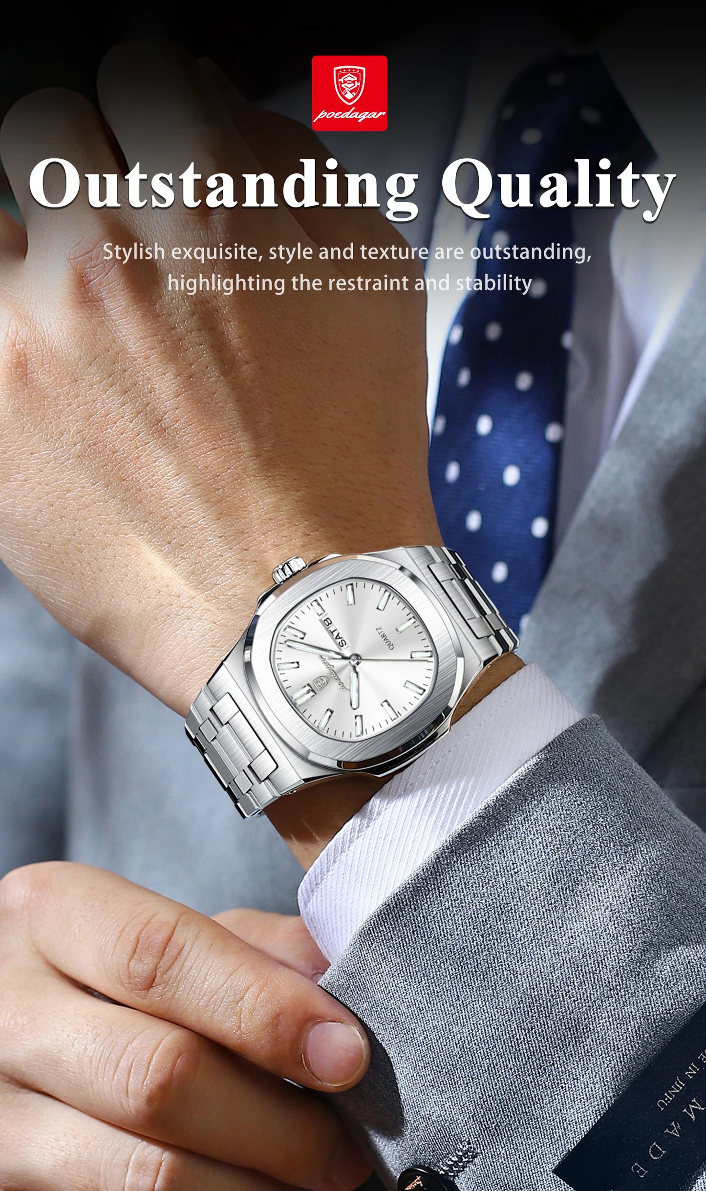 POEDAGAR Trendy Square Men's Watches Waterproof Luminous Date Week Man Clock Stainless Steel Exquisite Quartz Men Wristwatch+Box