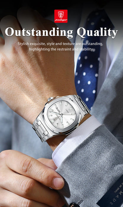 POEDAGAR Trendy Square Men's Watches Waterproof Luminous Date Week Man Clock Stainless Steel Exquisite Quartz Men Wristwatch+Box
