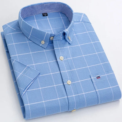 Men's Oxford Short Sleeve Square Collar Soild Plaid Striped Summer Casual Shirts Single Pocket Comfortable Cotton Shirt